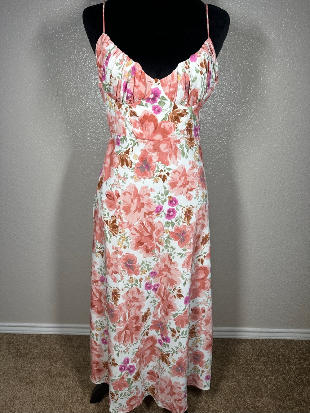 Here Comes The Sun Spaghetti-Strap Floral Maxi Dress in Coral and White
